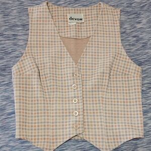 1970s Devon Double Knit Grey Orange Plaid Vest Sz Small Vintage EUC READ